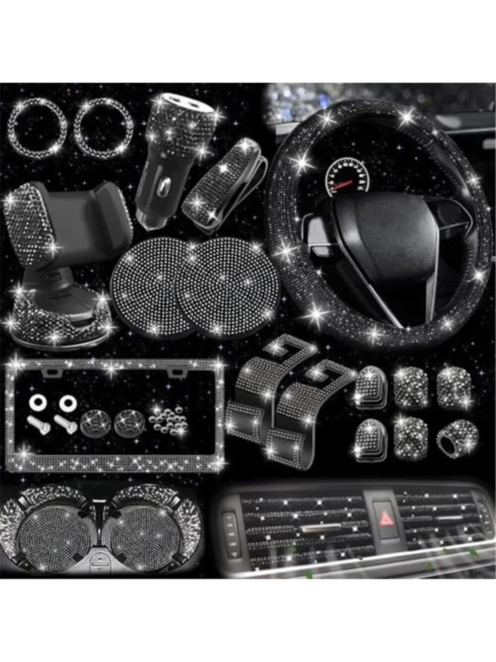 27 PCs Black Bling Car Accessories Set for Women, Steering Wheel Covers